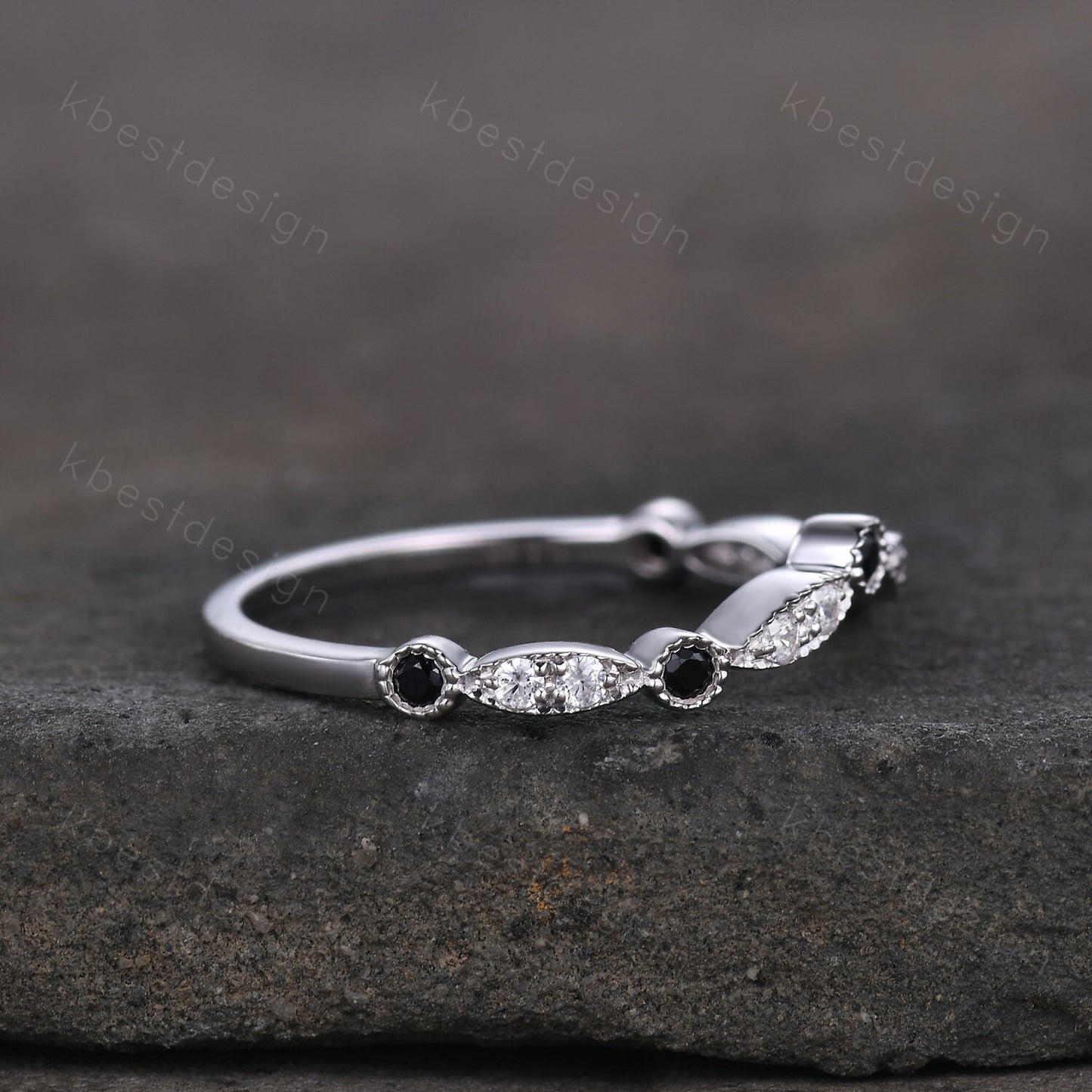 Curved moissanite wedding band sterling silver black spinel wedding ring art deco stacking matching band women anniversary gift