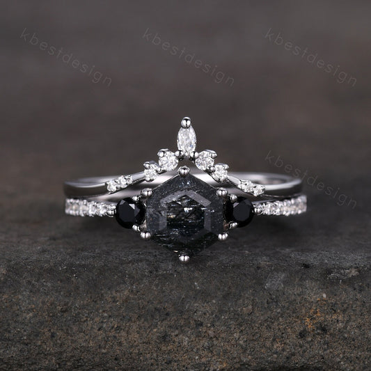 Natural black rutilated quartz engagement ring white gold hexagon cut ring unique curved moissanite stacking band bridal wedding promise set