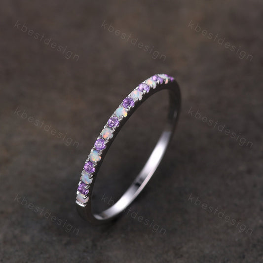 Half Eternity Opal Amethyst Wedding Band Dainty Silver Opal Wedding Ring Amethyst Ring Minimalist Stacking Matching Band Anniversary Gift