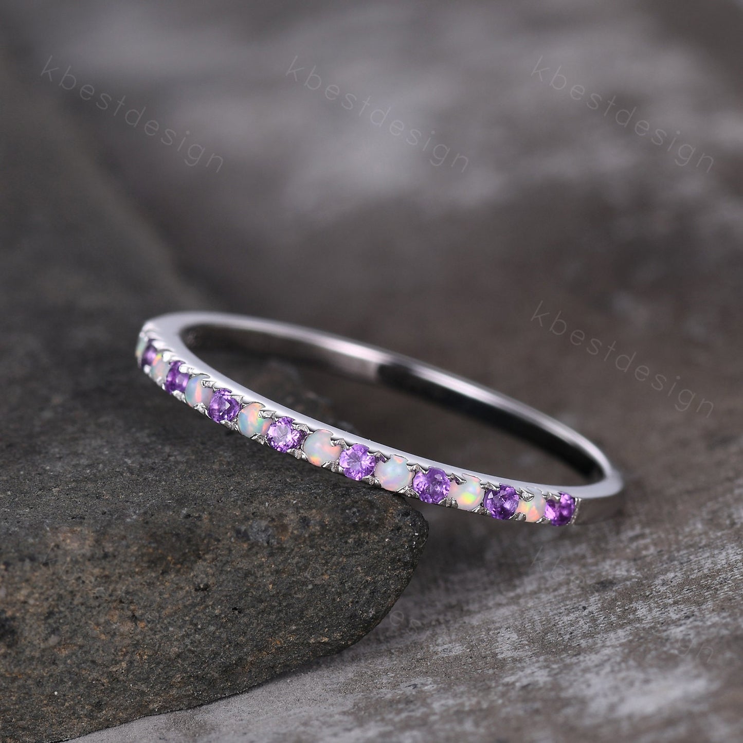 Half Eternity Opal Amethyst Wedding Band Dainty Silver Opal Wedding Ring Amethyst Ring Minimalist Stacking Matching Band Anniversary Gift