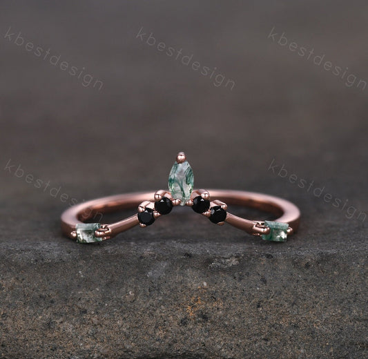 Curved Marquise cut Moss Agate Wedding Band Unique Rose Gold Wedding Band Black Spinel Ring Minimalist Bridal Matching Stackable band
