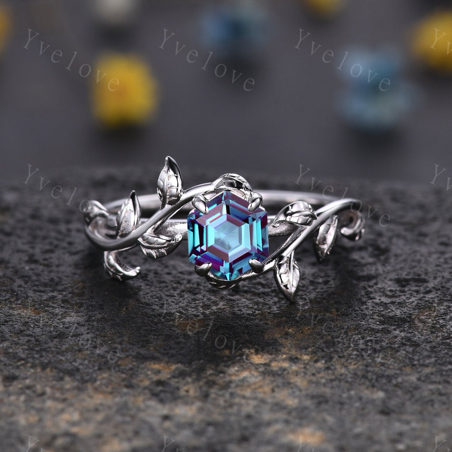 Hexagon Alexandrite Ring Set,Vintage Twig Vine Leaf Ring,Unique Alexandrite Engagement Ring,June Ring,Promise Anniversary Bridal Ring Gift