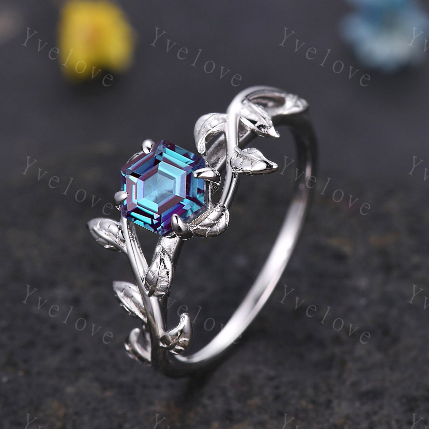 Hexagon Alexandrite Ring Set,Vintage Twig Vine Leaf Ring,Unique Alexandrite Engagement Ring,June Ring,Promise Anniversary Bridal Ring Gift