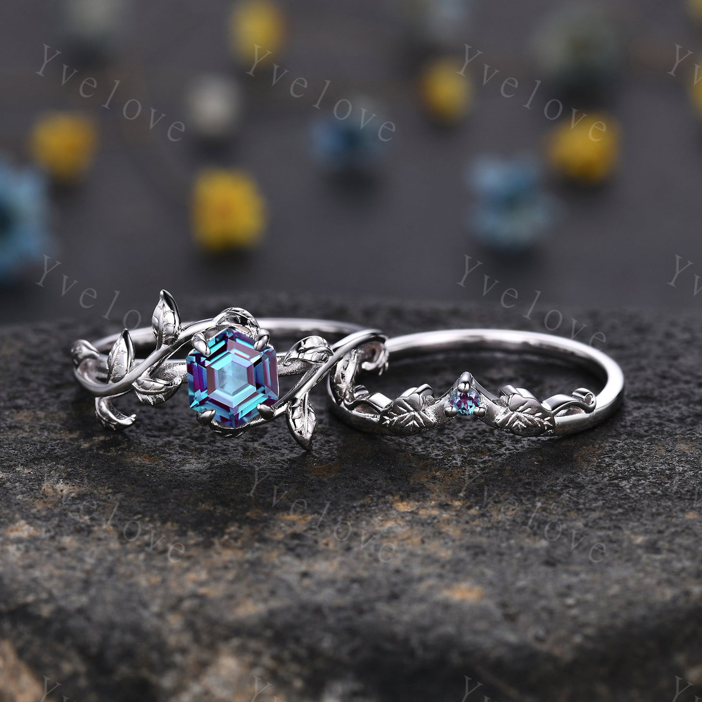 Hexagon Alexandrite Ring Set,Vintage Twig Vine Leaf Ring,Unique Alexandrite Engagement Ring,June Ring,Promise Anniversary Bridal Ring Gift