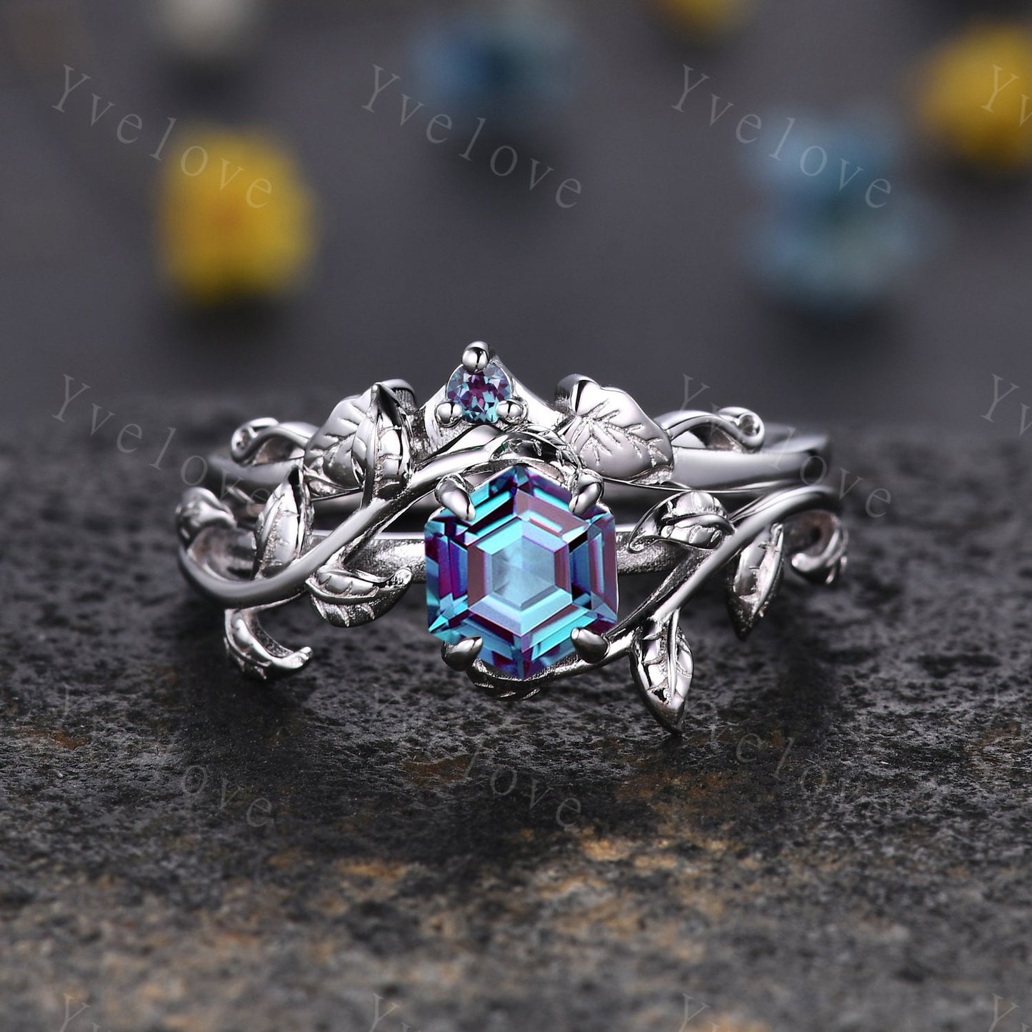 Hexagon Alexandrite Ring Set,Vintage Twig Vine Leaf Ring,Unique Alexandrite Engagement Ring,June Ring,Promise Anniversary Bridal Ring Gift
