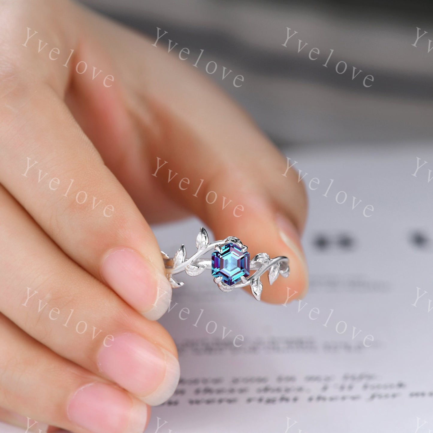 Hexagon Alexandrite Ring Set,Vintage Twig Vine Leaf Ring,Unique Alexandrite Engagement Ring,June Ring,Promise Anniversary Bridal Ring Gift