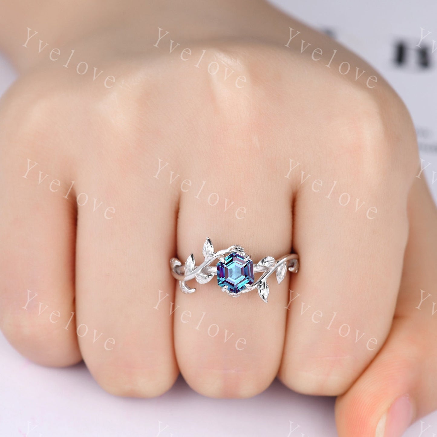 Hexagon Alexandrite Ring Set,Vintage Twig Vine Leaf Ring,Unique Alexandrite Engagement Ring,June Ring,Promise Anniversary Bridal Ring Gift