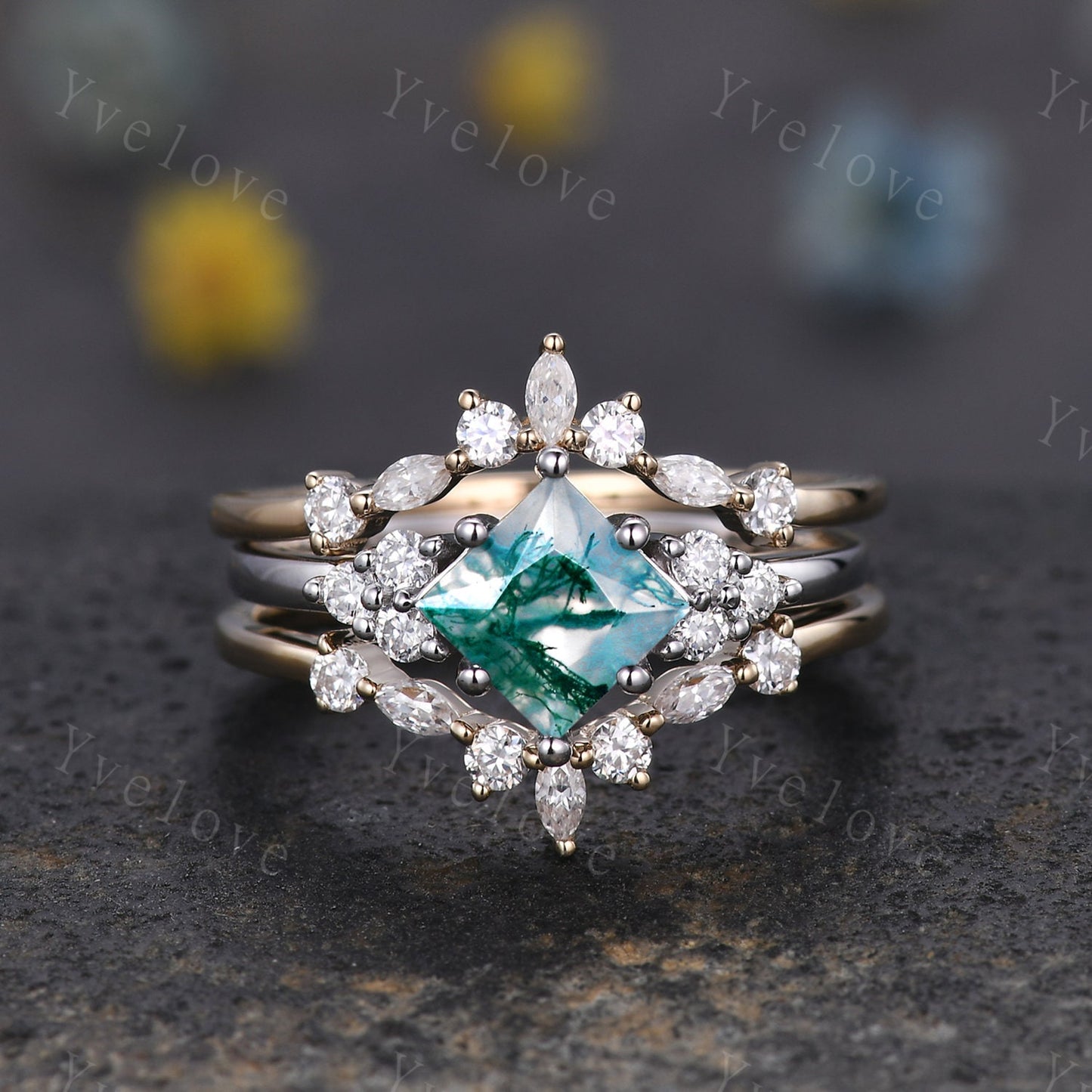Unique Princess Cut Moss agate Ring Set,Moss Agate Engagement Ring,Enhancer Ring,Women Moissanite Bridal Stacking Double Curved Wedding band