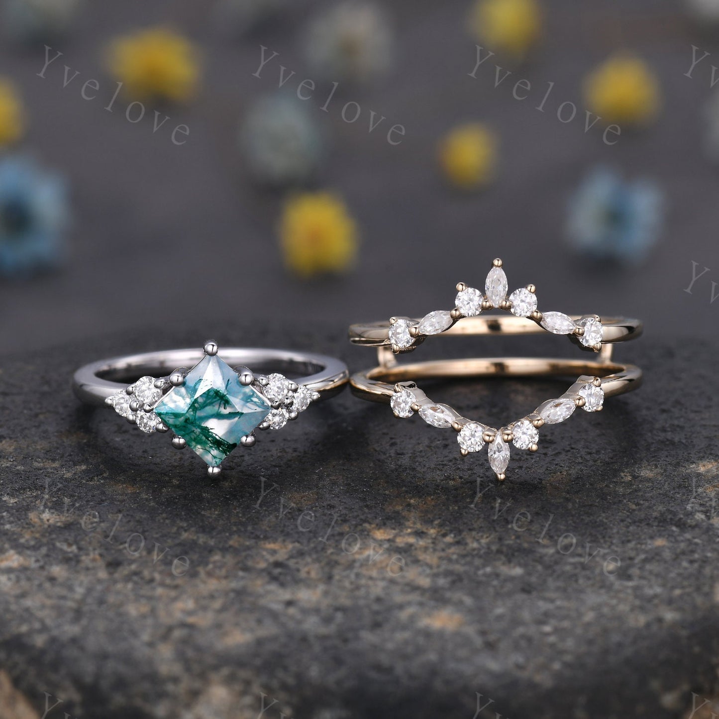 Unique Princess Cut Moss agate Ring Set,Moss Agate Engagement Ring,Enhancer Ring,Women Moissanite Bridal Stacking Double Curved Wedding band
