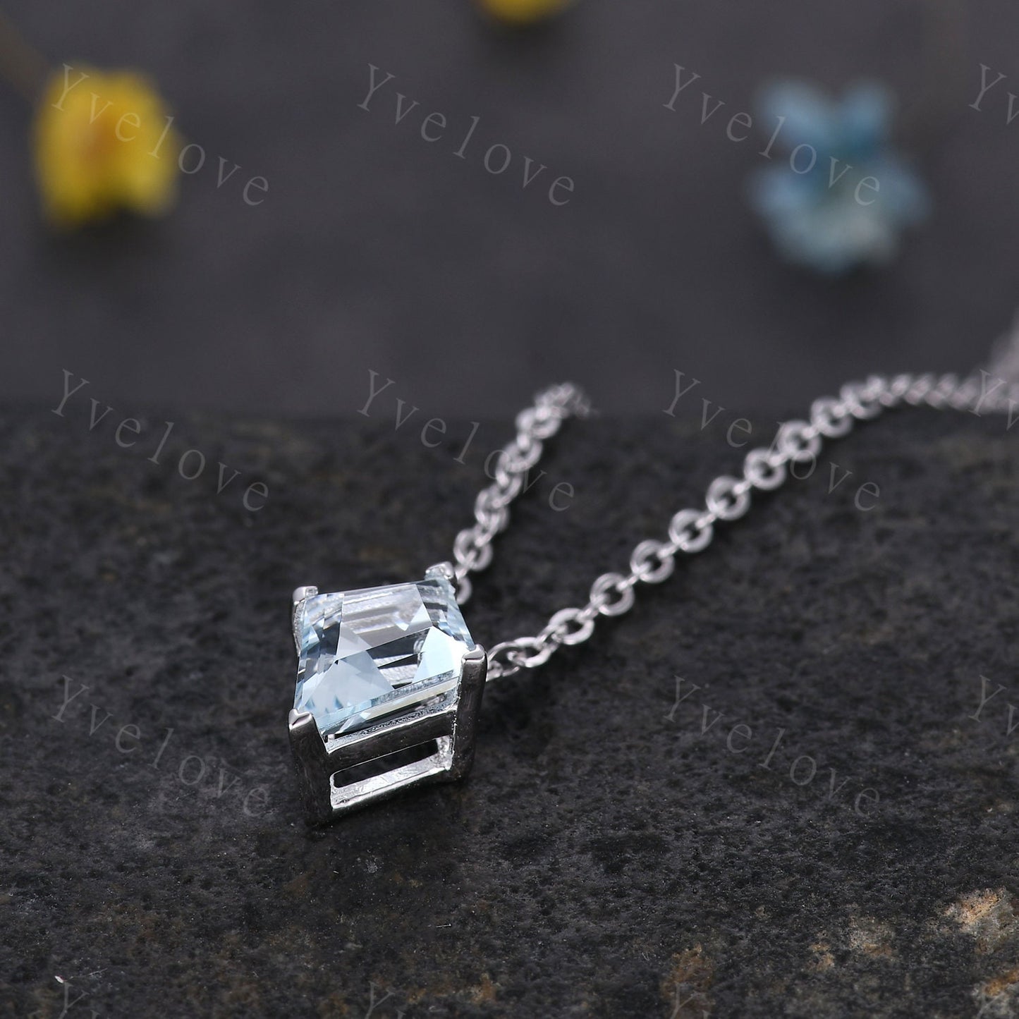 Unique Kite Blue Aquamarine Pendant,Aquamarine Necklace,Art Deco Silver Necklace,March Birthstone,Vintage Women Bridal Anniversary Gift