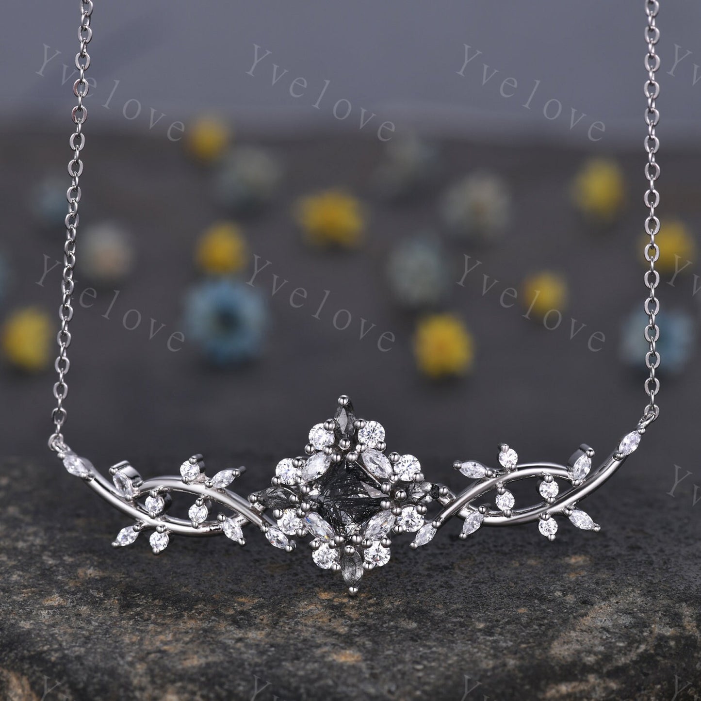 Unique Princess cut Black Rutilated Quartz Pendant,Cluster Black Gem Necklace,Art Deco Moissanite Necklace,Vintage Birthday Gift Women Gift