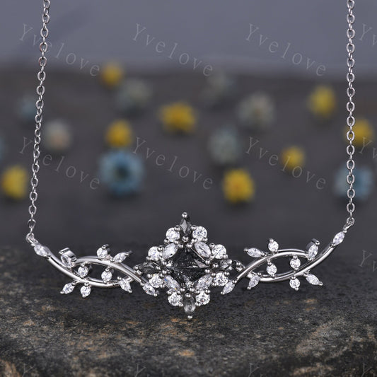 Unique Princess cut Black Rutilated Quartz Pendant,Cluster Black Gem Necklace,Art Deco Moissanite Necklace,Vintage Birthday Gift Women Gift