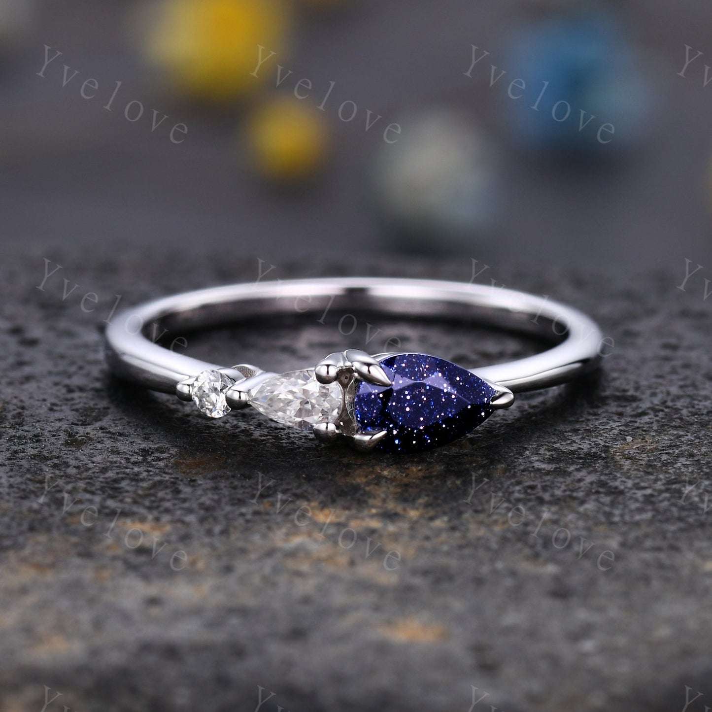 Vintage Sandstone Engagement Ring,Pear Cut Gems,Art Deco Moissanite Wedding Band,3 Stone Unique Women Bridal Promise Ring,Sterling Silver