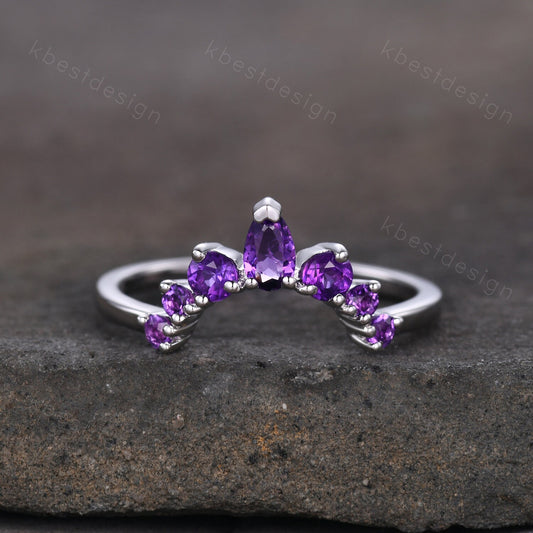 Curved Amethyst Wedding Band, Purple Amethyst Stacking Ring, February Birthstone Ring, Art Deco Matching Band, Anniversary gift for women