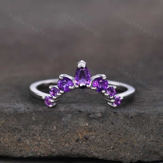 Curved Amethyst Wedding Band, Purple Amethyst Stacking Ring, February Birthstone Ring, Art Deco Matching Band, Anniversary gift for women