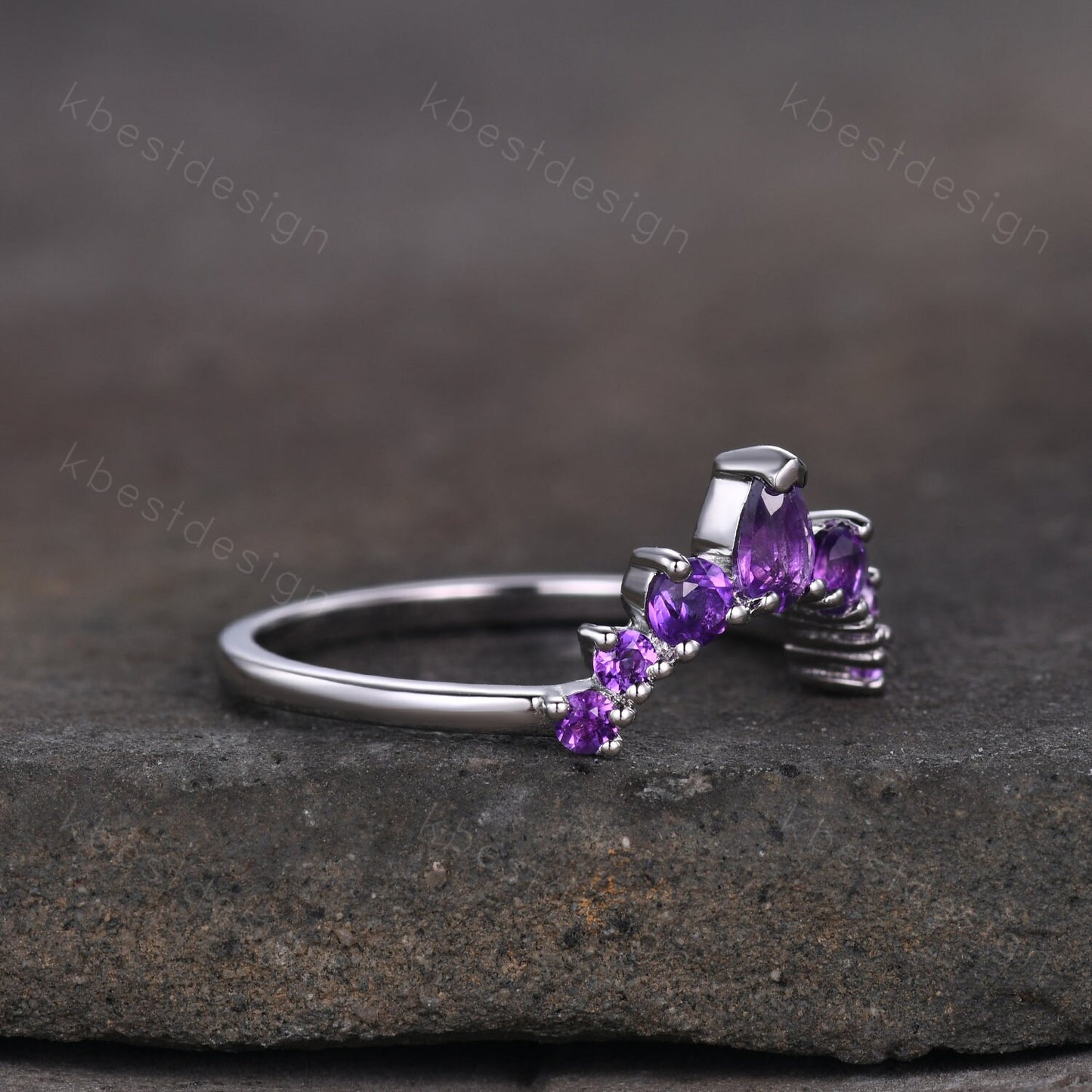 Curved Amethyst Wedding Band, Purple Amethyst Stacking Ring, February Birthstone Ring, Art Deco Matching Band, Anniversary gift for women
