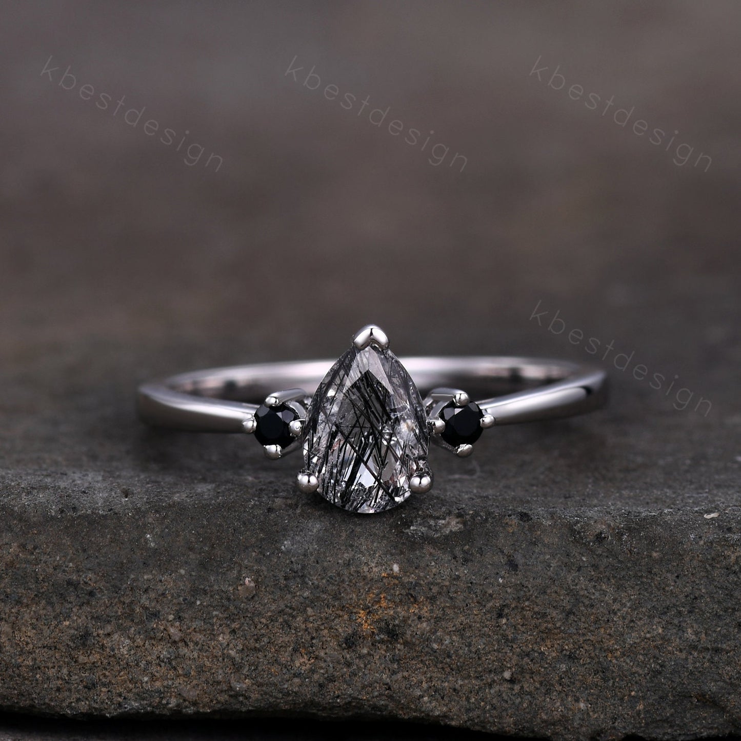 Pear Shaped Black Quartz Rutilated Engagement Ring Dainty Silver Ring Black Gemstone Ring Antique Bridal Ring Anniversary Gift Handmade Ring