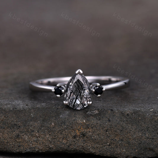 Pear Shaped Black Quartz Rutilated Engagement Ring Dainty Silver Ring Black Gemstone Ring Antique Bridal Ring Anniversary Gift Handmade Ring