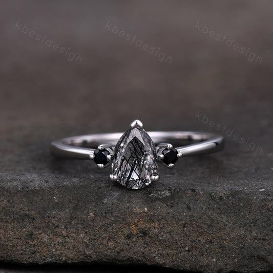 Pear Shaped Black Quartz Rutilated Engagement Ring Dainty Silver Ring Black Gemstone Ring Antique Bridal Ring Anniversary Gift Handmade Ring