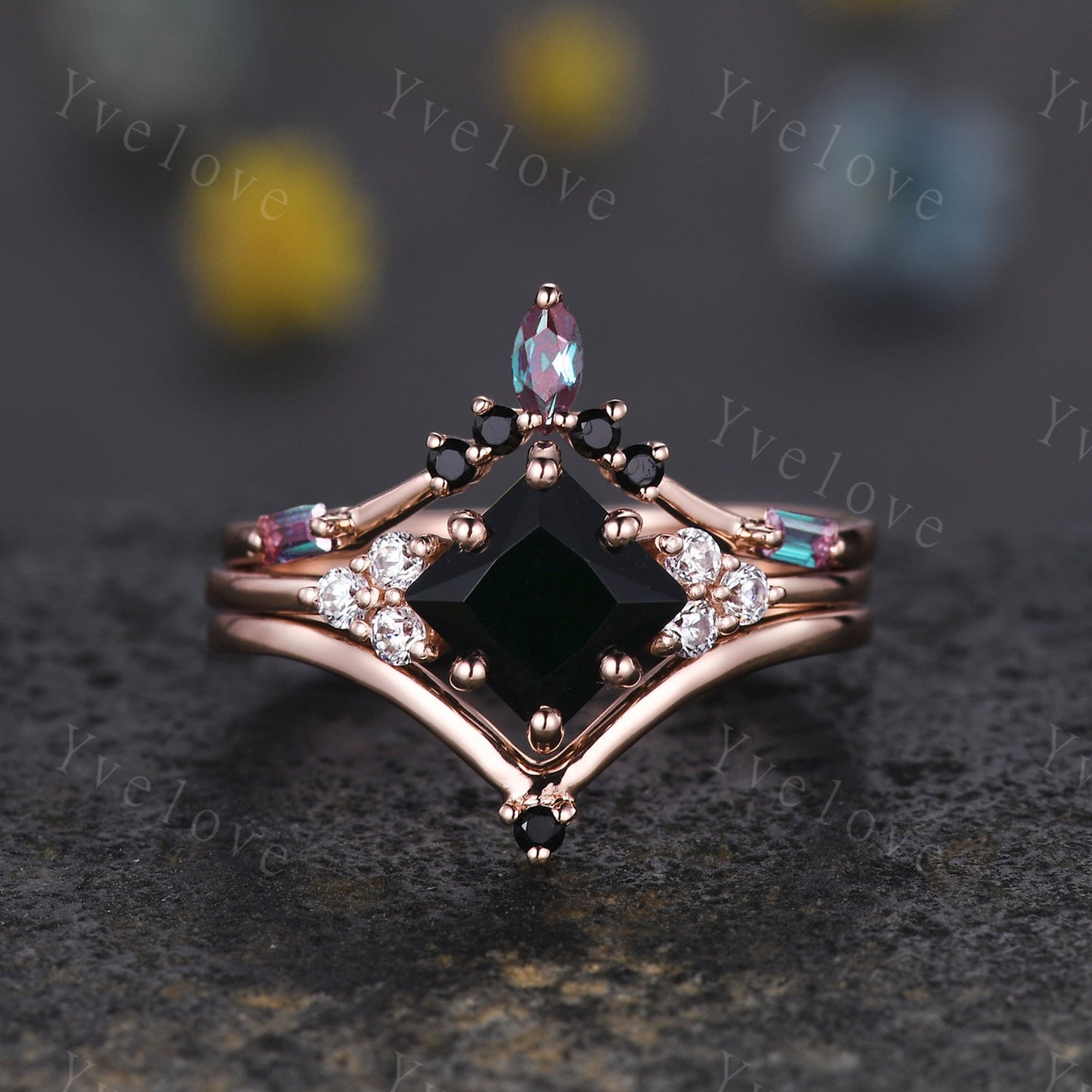 Vintage Retro Black Onyx Ring,6mm Princess Cut Onyx Engagement Ring,Moissanite Stacking band,Rose Gold,Women Promise Anniversary ring gift