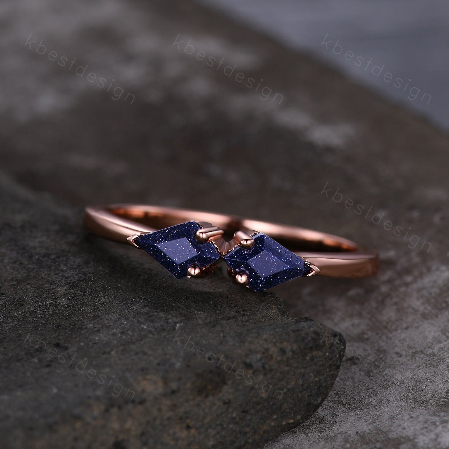 Kite cut blue sandstone wedding band solid 14k rose gold stacking unique vintage wedding ring band for women anniversary ring gift
