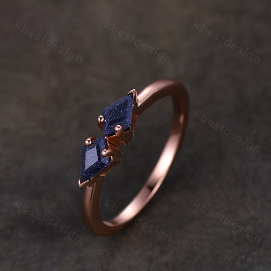 Kite cut blue sandstone wedding band solid 14k rose gold stacking unique vintage wedding ring band for women anniversary ring gift