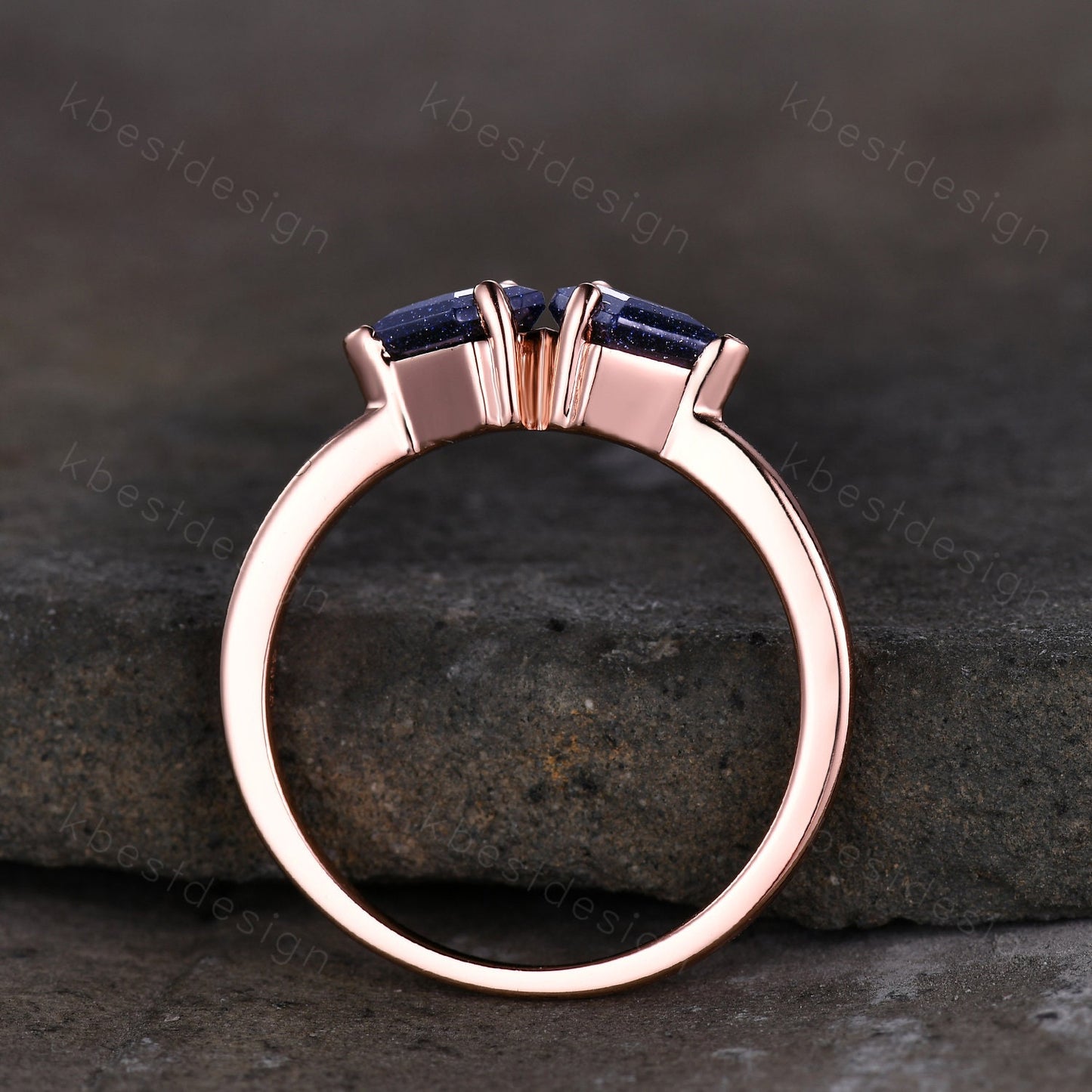 Kite cut blue sandstone wedding band solid 14k rose gold stacking unique vintage wedding ring band for women anniversary ring gift