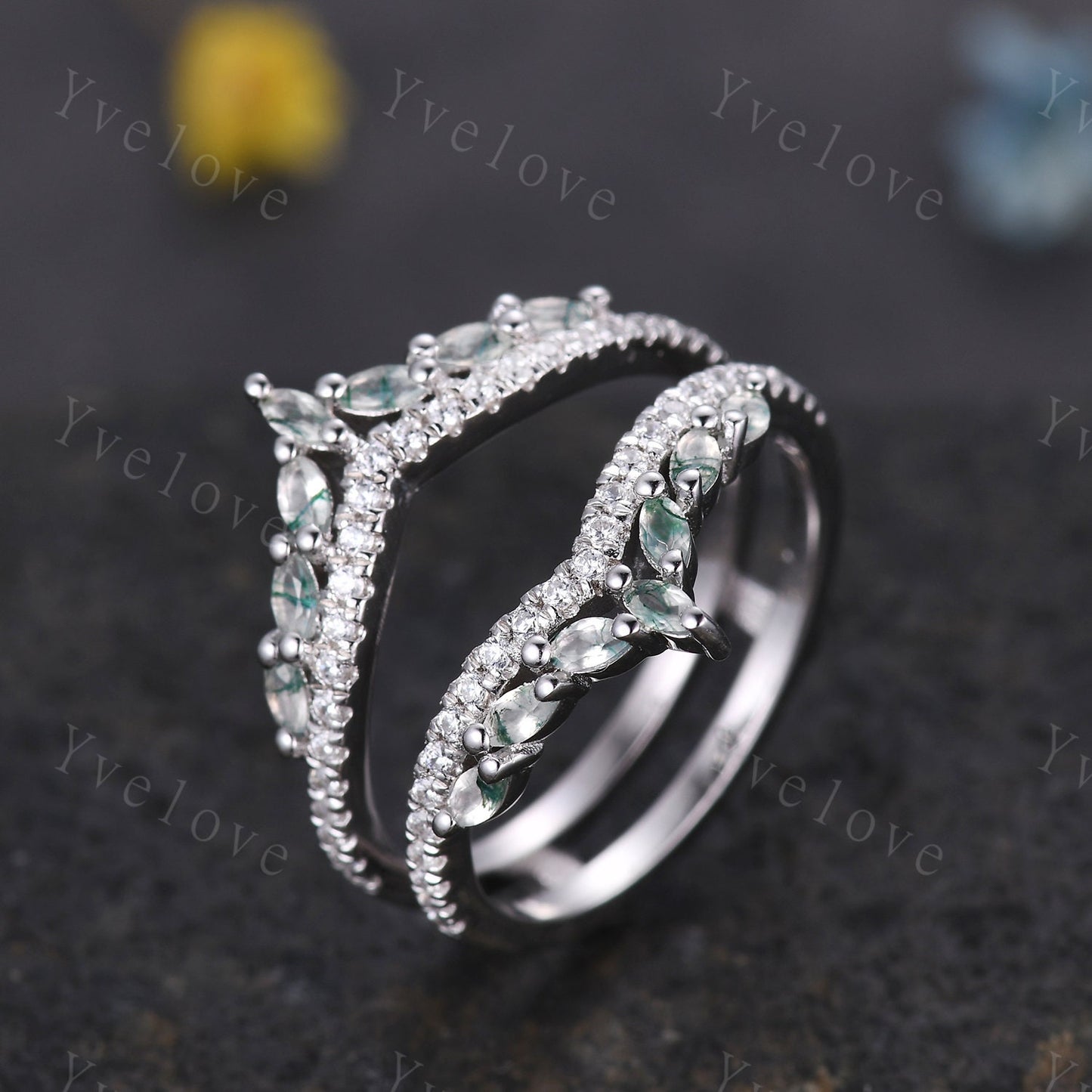 Unique Moss Agate ring,Moss Agate wedding band,Marquise Moss agate enhancer ring,Curved V stacking matching band,Moissanite ring,Silver Ring