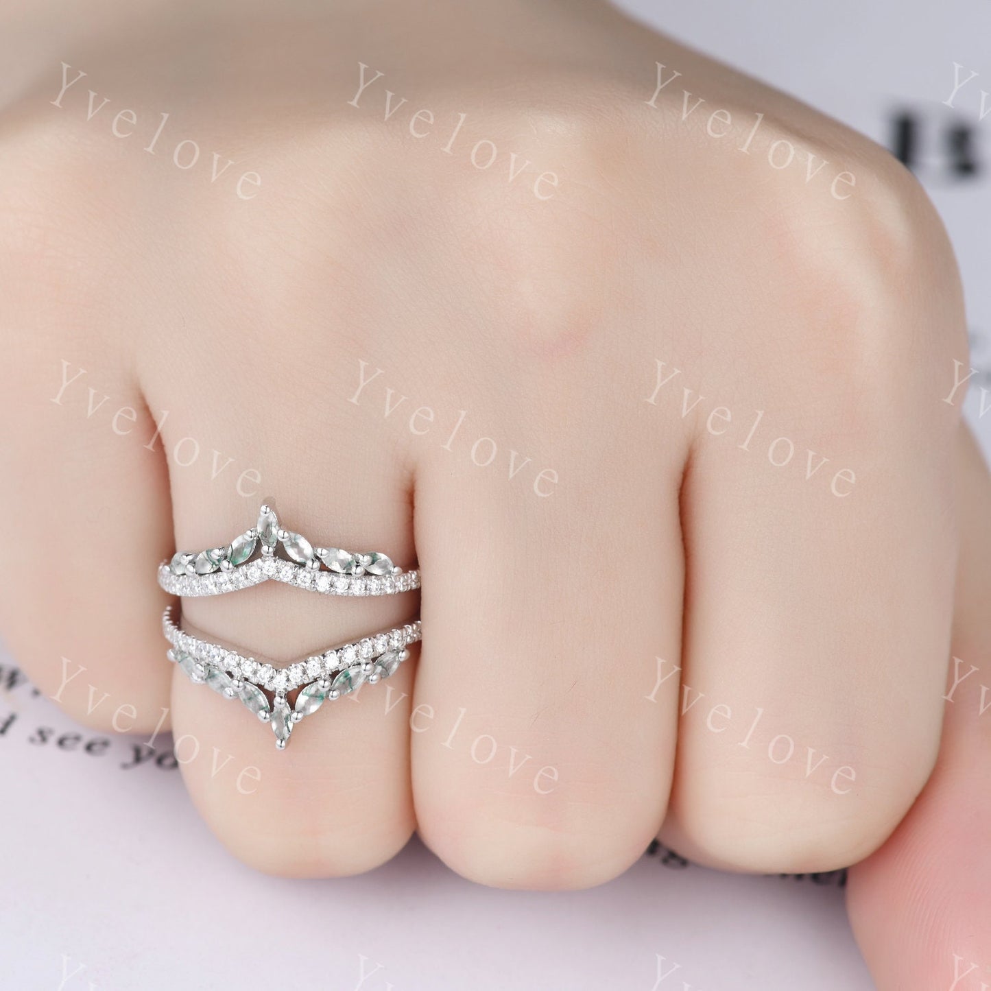Unique Moss Agate ring,Moss Agate wedding band,Marquise Moss agate enhancer ring,Curved V stacking matching band,Moissanite ring,Silver Ring