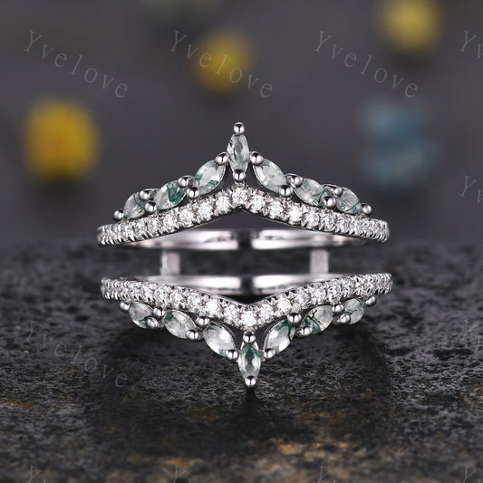 Unique Moss Agate ring,Moss Agate wedding band,Marquise Moss agate enhancer ring,Curved V stacking matching band,Moissanite ring,Silver Ring