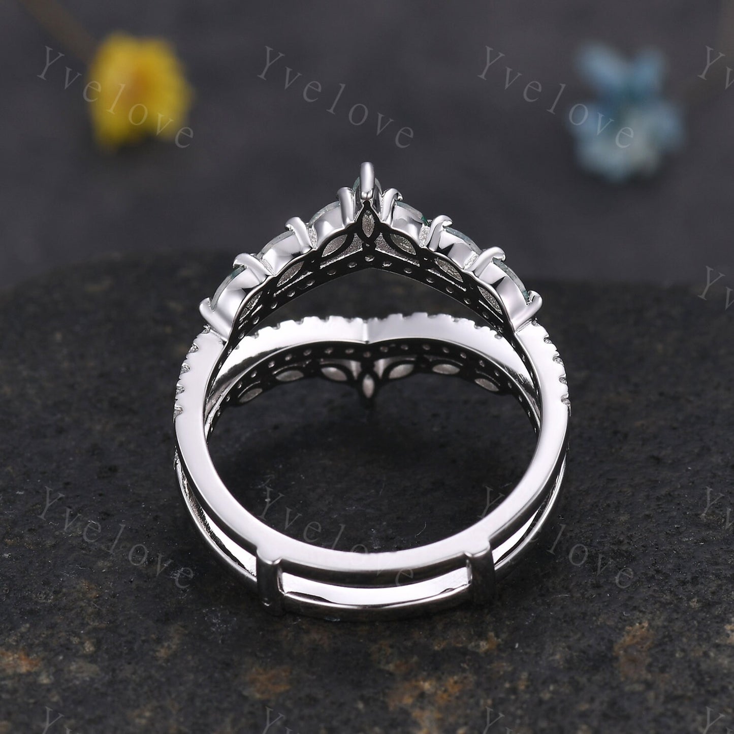 Unique Moss Agate ring,Moss Agate wedding band,Marquise Moss agate enhancer ring,Curved V stacking matching band,Moissanite ring,Silver Ring
