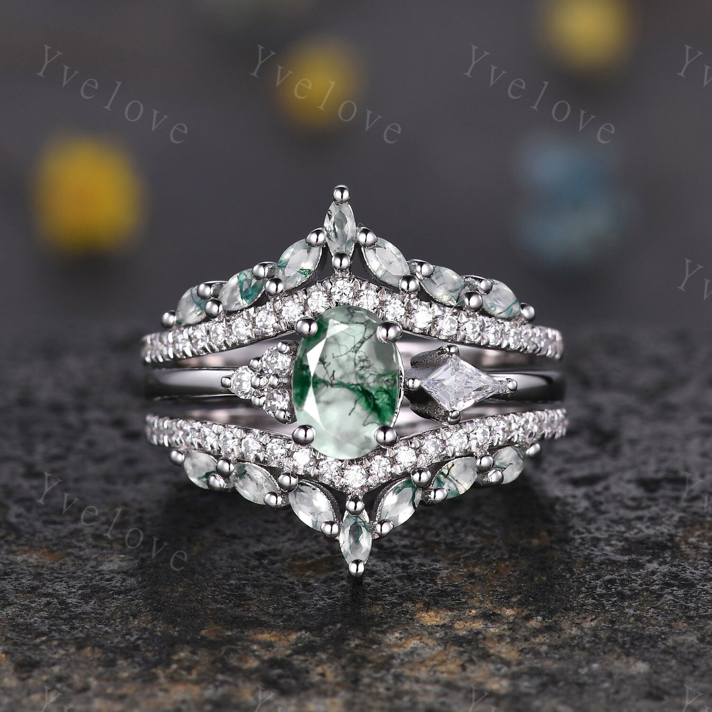 Unique Moss Agate ring,Moss Agate wedding band,Marquise Moss agate enhancer ring,Curved V stacking matching band,Moissanite ring,Silver Ring