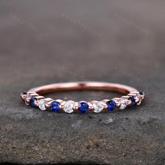 Half eternity Sapphire Moissanite Wedding Band Rose Gold Sapphire Band Unique Moissanite Stacking Band Minimalist Bridal Anniversary Ring