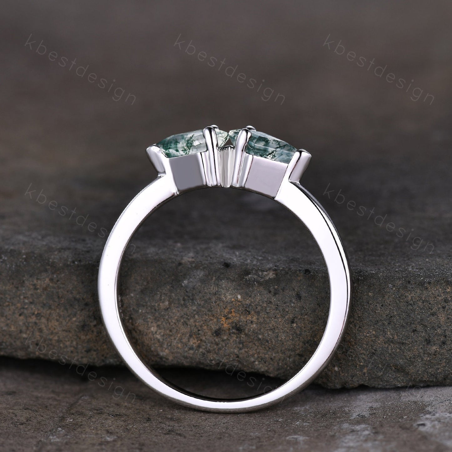 Unique kite cut green moss agate wedding ring art deco silver moss agate ring two stone stacking band bridal wedding ring Platinum ring