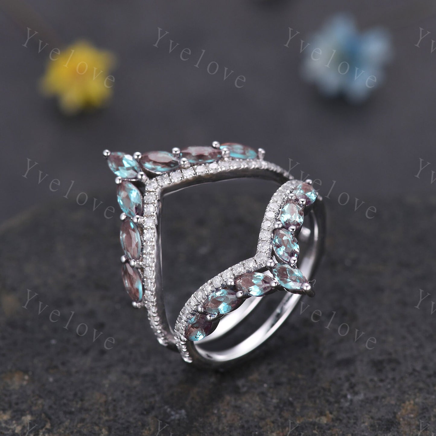 Unique Alexandrite ring,Alexandrite wedding band,Marquise Alexandrite enhancer ring,Curved V stacking band,Moissanite ring,white  gold ring
