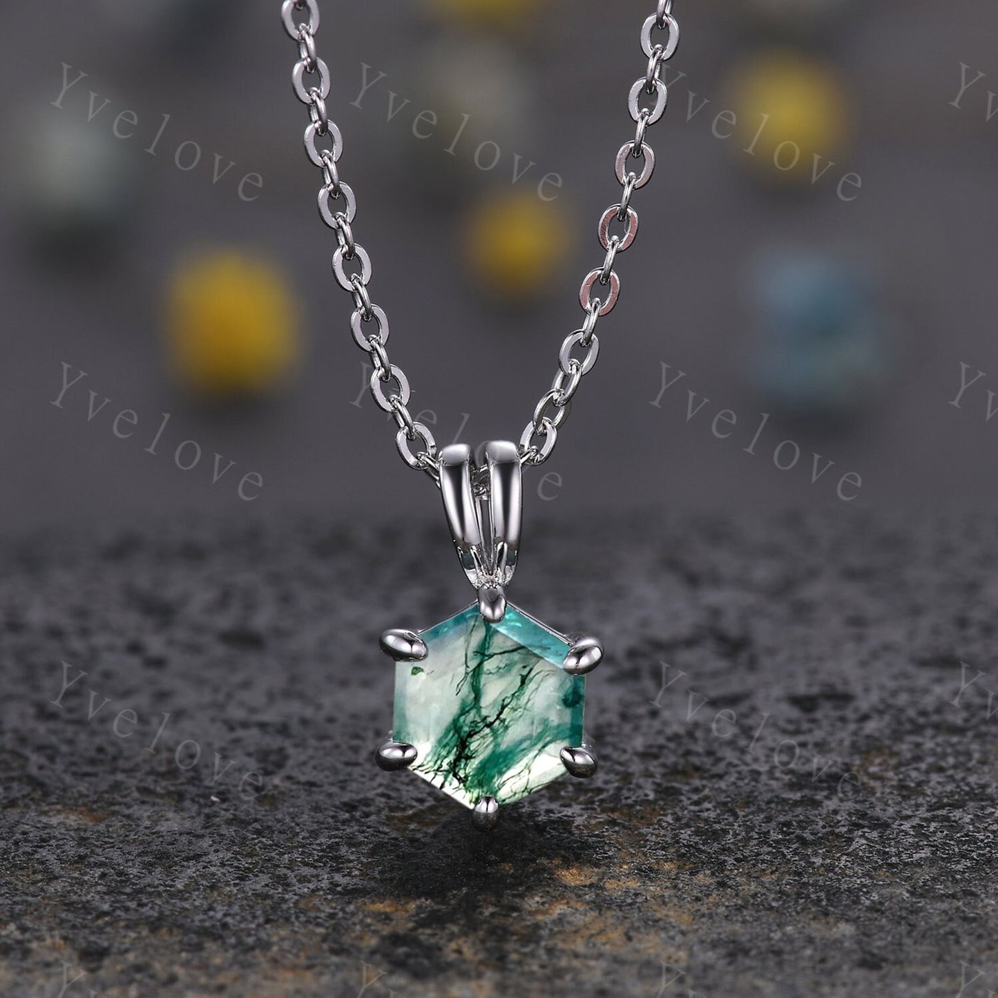 Unique hexagon shaped Moss agate Pendant,Green Agate Necklace,Silver Art Deco Necklace,Vintage Women Bridal Gift Mother's day Gift for Her