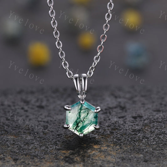 Unique hexagon shaped Moss agate Pendant,Green Agate Necklace,Silver Art Deco Necklace,Vintage Women Bridal Gift Mother's day Gift for Her