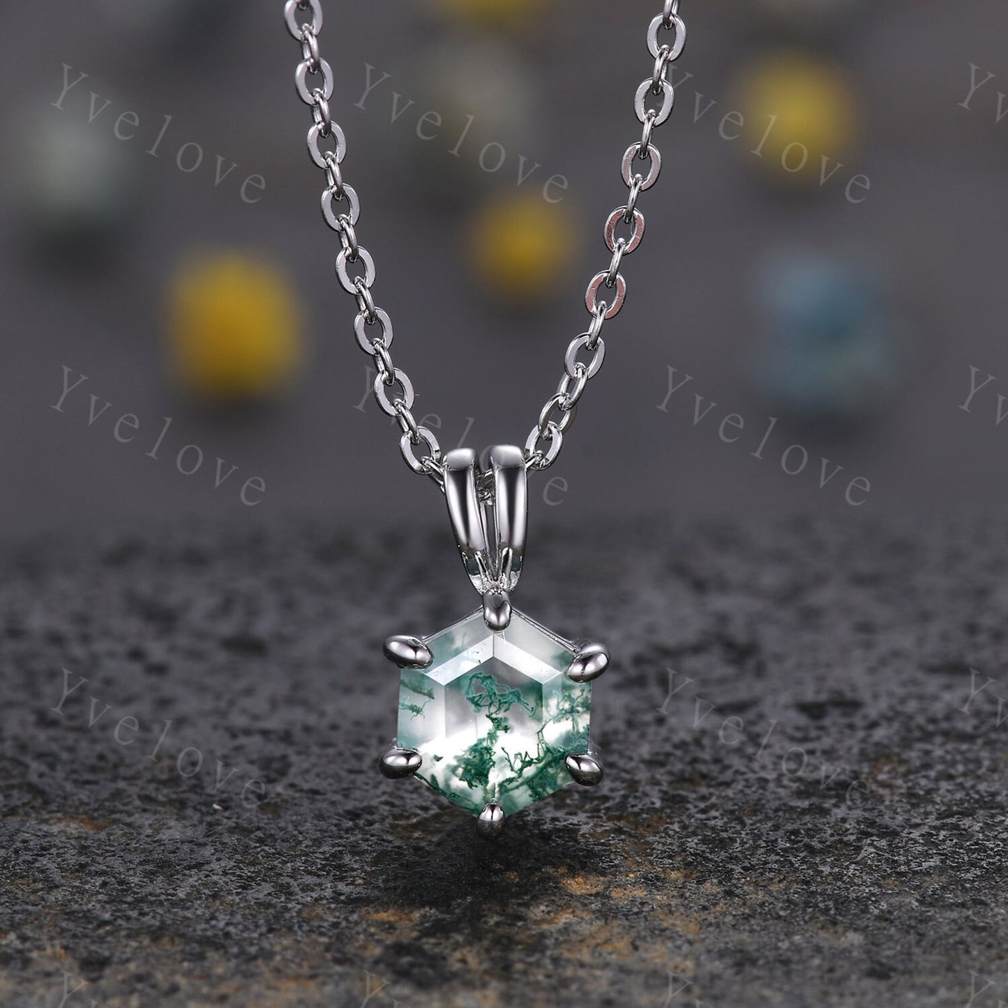 Unique hexagon shaped Moss agate Pendant,Green Agate Necklace,Silver Art Deco Necklace,Vintage Women Bridal Gift Mother's day Gift for Her