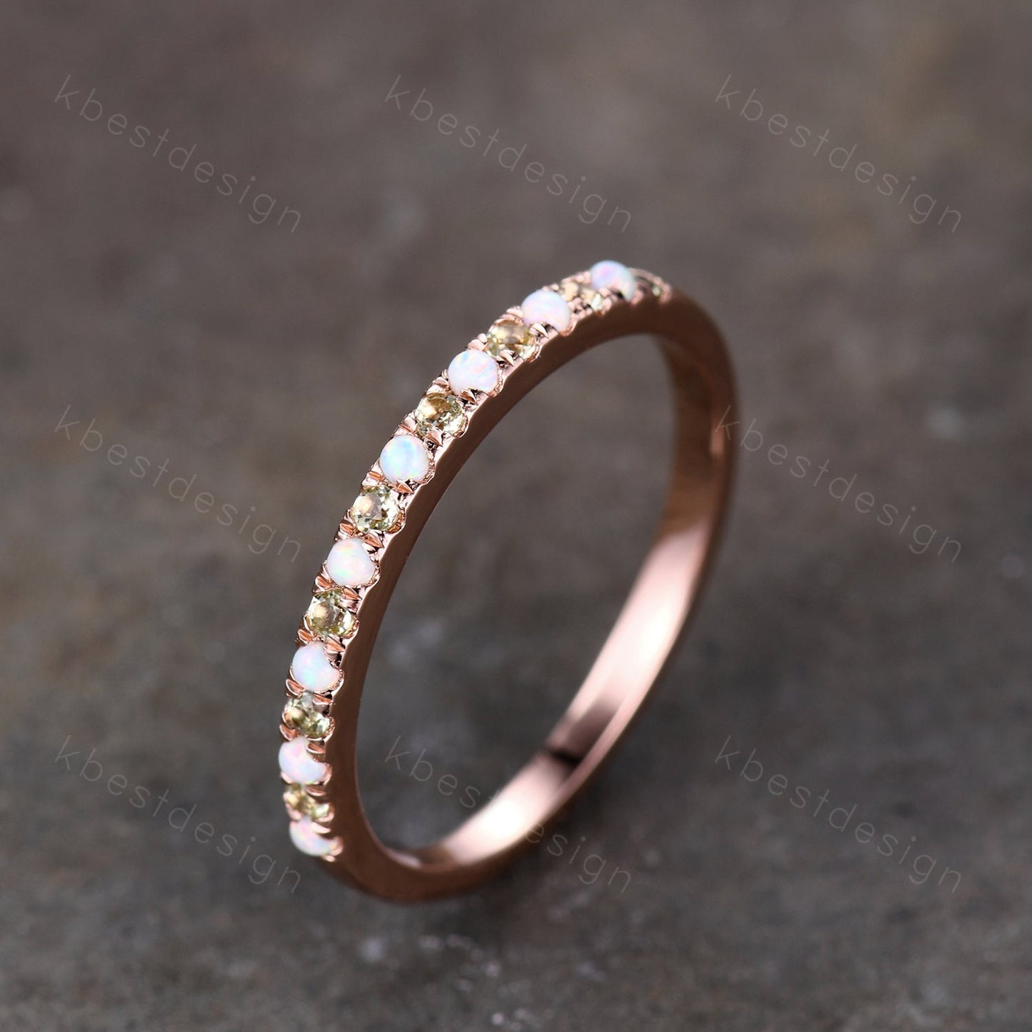 Half Eternity Peridot Opal Wedding Band, Rose Gold Wedding Ring, Opal Wedding Band, Dainty Stacking Matching Band, Anniversary Ring Gift