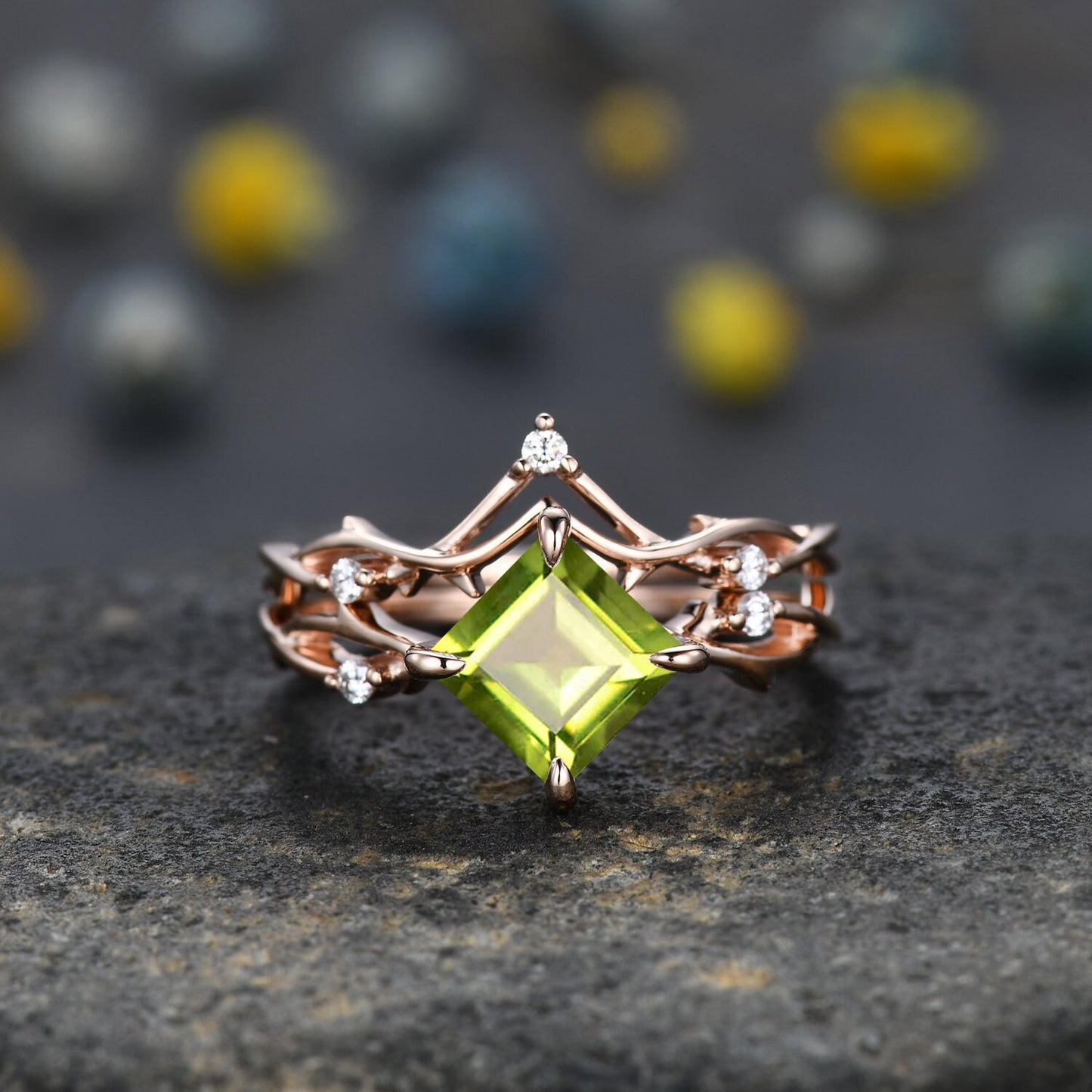 Vintage Princess Cut Peridot Engagement Ring Set,Twisted Ring,Leaf Vines Moissanite Bridal Set,Branch Ring,Dainty Twig Diamond Ring Gift