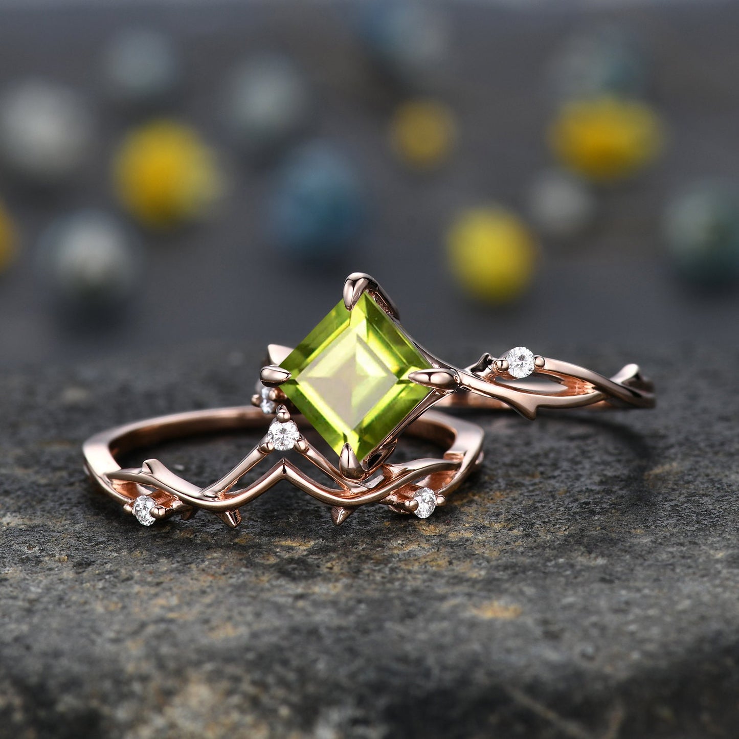 Vintage Princess Cut Peridot Engagement Ring Set,Twisted Ring,Leaf Vines Moissanite Bridal Set,Branch Ring,Dainty Twig Diamond Ring Gift