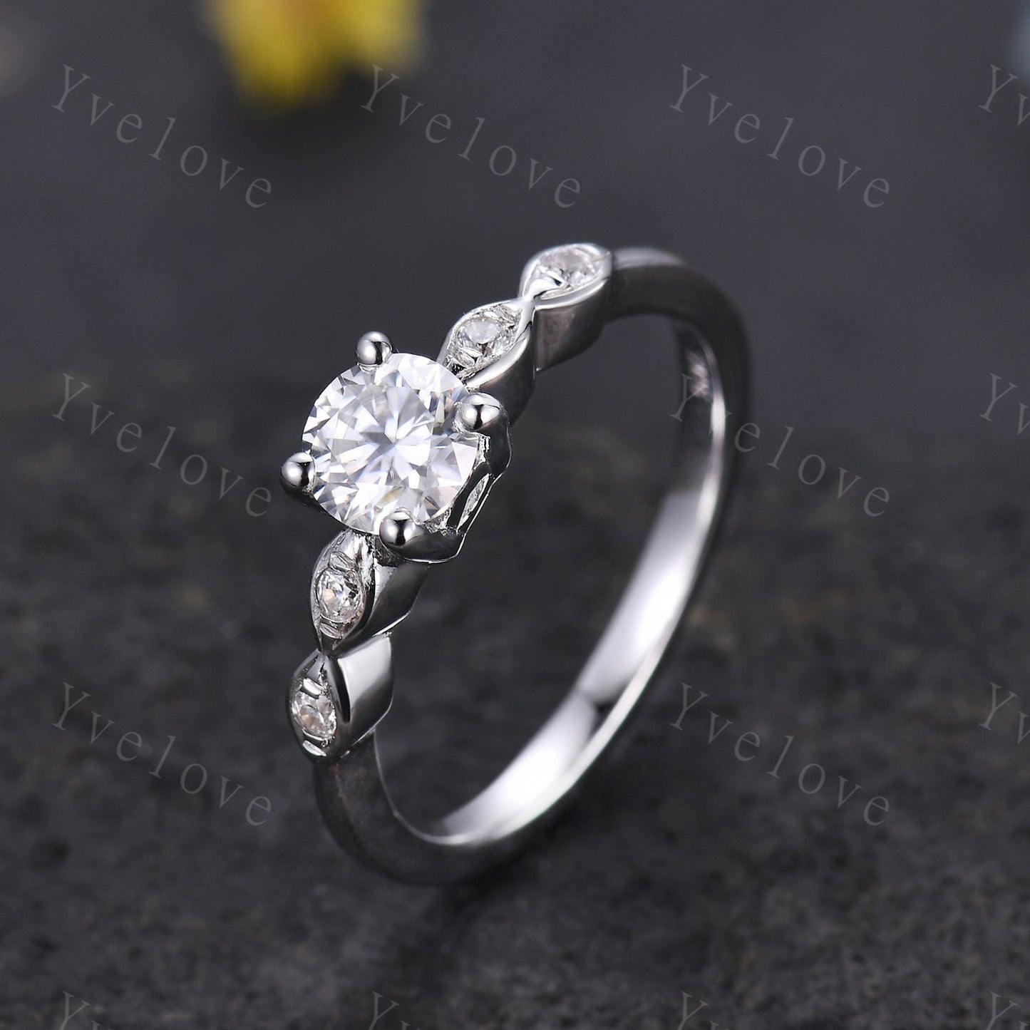 Danity moissanite engagement ring 5mm round cut moissanite 14k white gold art deco diamond wedding band bridal promise ring gift for her