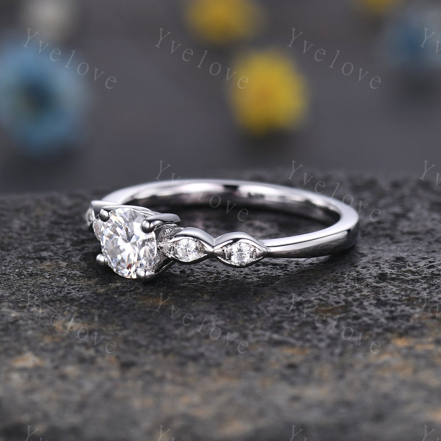 Danity moissanite engagement ring 5mm round cut moissanite 14k white gold art deco diamond wedding band bridal promise ring gift for her