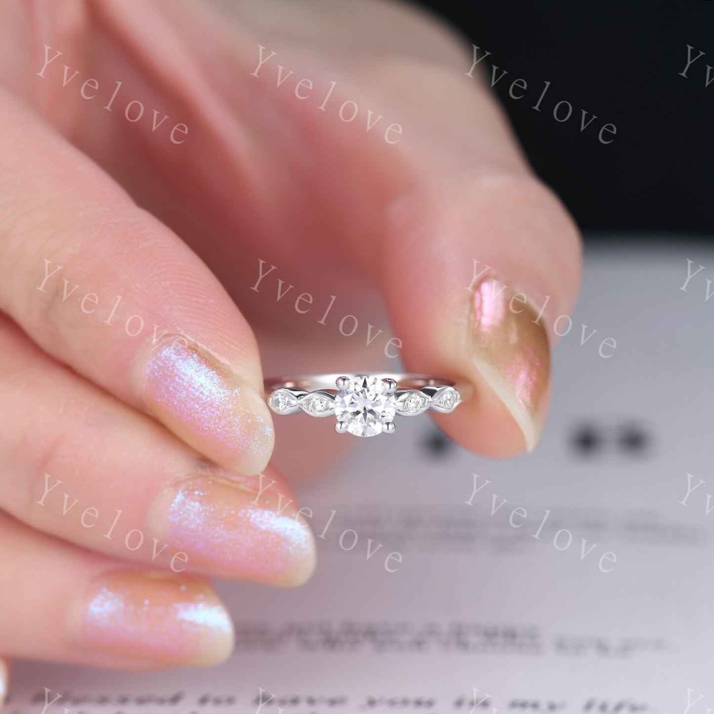 Danity moissanite engagement ring 5mm round cut moissanite 14k white gold art deco diamond wedding band bridal promise ring gift for her