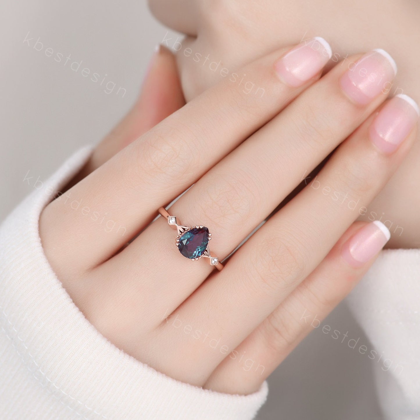 Pear shaped Alexandrite engagement ring vintage unique Alexandrite ring rose gold ring art deco milgrain bridal wedding ring June Birthstone