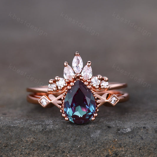Pear shaped Alexandrite bridal ring set vintage Alexandrite engagement ring set unique curved moissanite wedding ring promise ring set