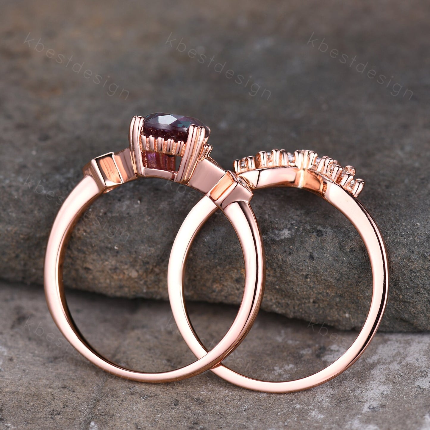 Pear shaped Alexandrite bridal ring set vintage Alexandrite engagement ring set unique curved moissanite wedding ring promise ring set