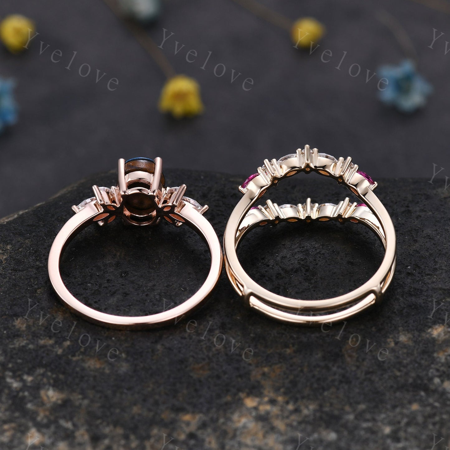 Vintage Alexandrite Engagement Ring Enhancer Ring Rose Gold Women Moissanite Amethyst Gem Promise Bridal Stacking Matching Ring Set Gift