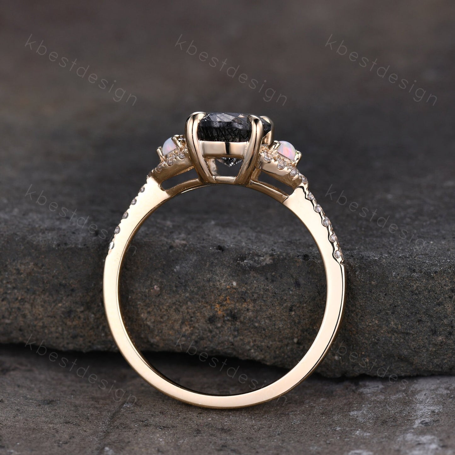 Oval cut black rutilated quartz engagement ring solid 14k yellow gold opal ring unique art deco moissanite bridal wedding ring Promise ring