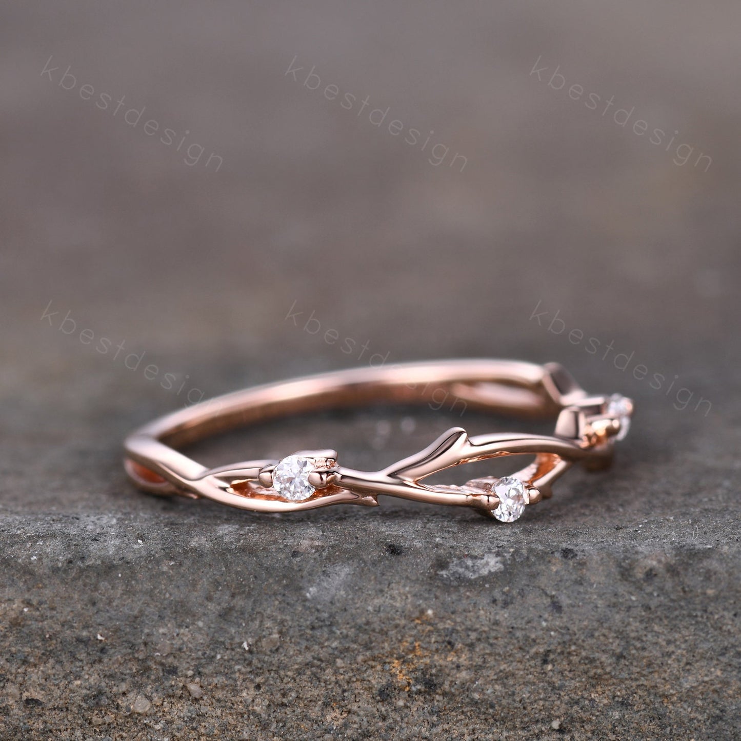 Twig moissanite wedding band rose gold art deco wedding ring for women three stone stacking band unique branch ring anniversary gift